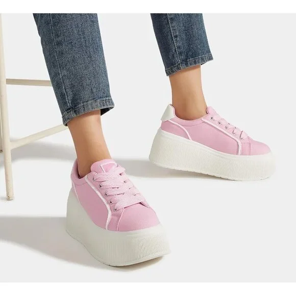 Brand New Women Pink Rubber Platform Wedge Canvas Sneakers Fashion Shoes - Picture 9 of 9